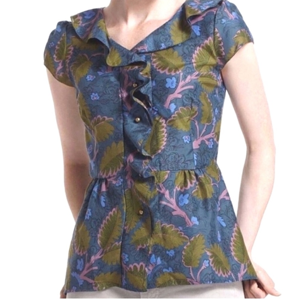 Anthropologie Vanessa Virginia Silk Blend Botanical Bloom Ruffle Floral Blouse 0